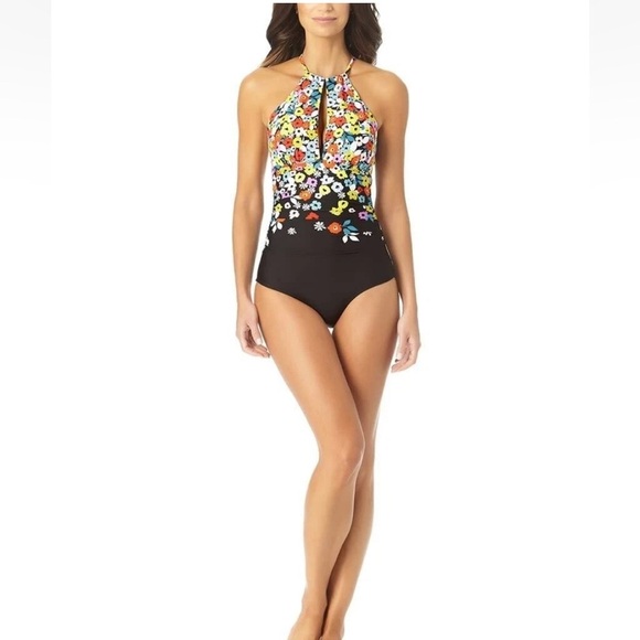 Anne Cole Women's Size 6 Ditsy Floral High-Neck One-Piece Swimsuit Black - Picture 1 of 10